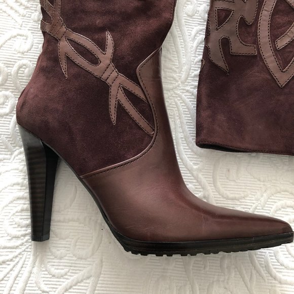 Nine West WILLETTA Suede Leather Boot Applique Pointy Toe Med Brown Zip 8.5 NEW - Picture 3 of 15